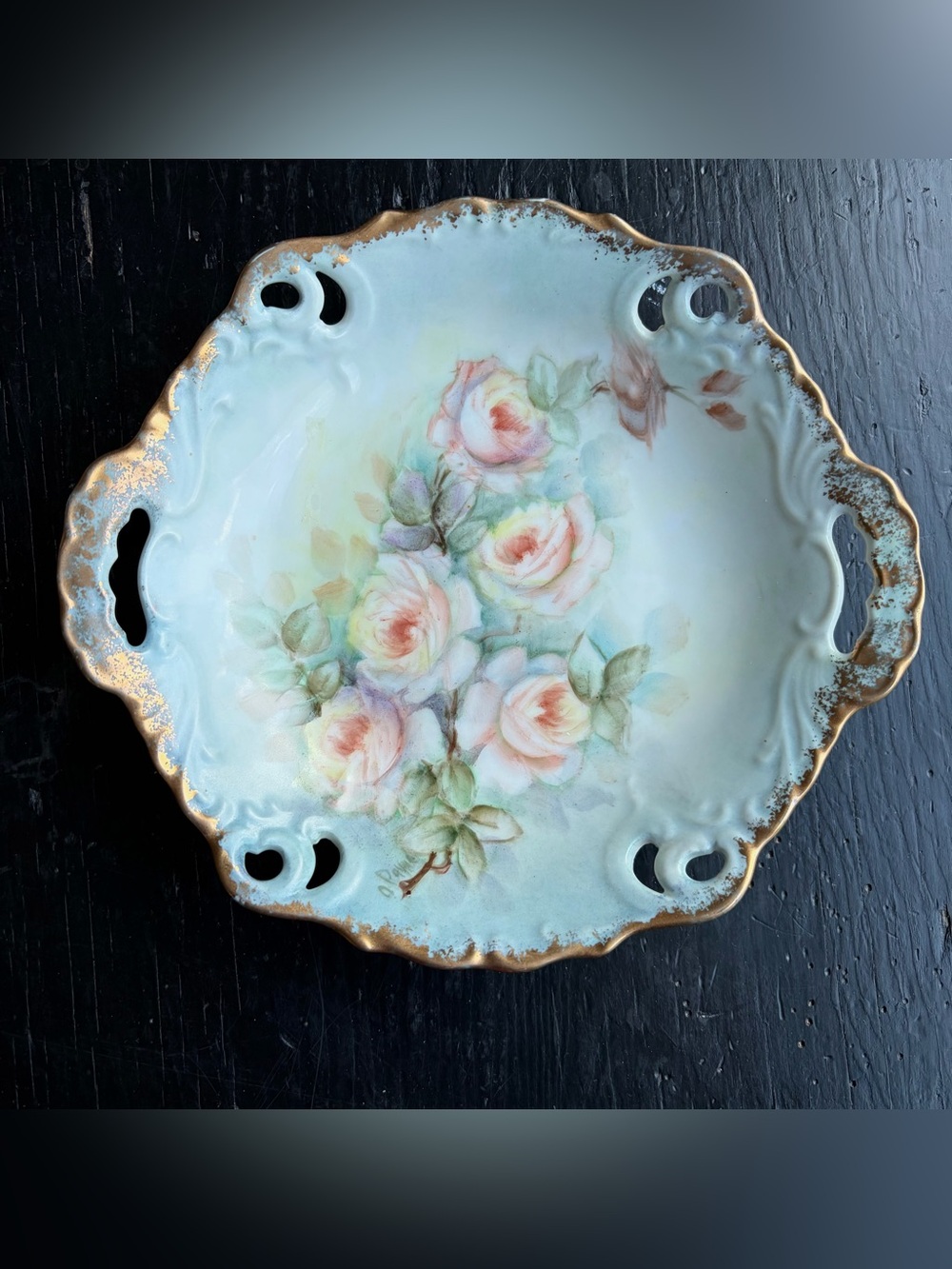 Vintage Bavarian Hand Painted Roses Porcelain Decorative Plate